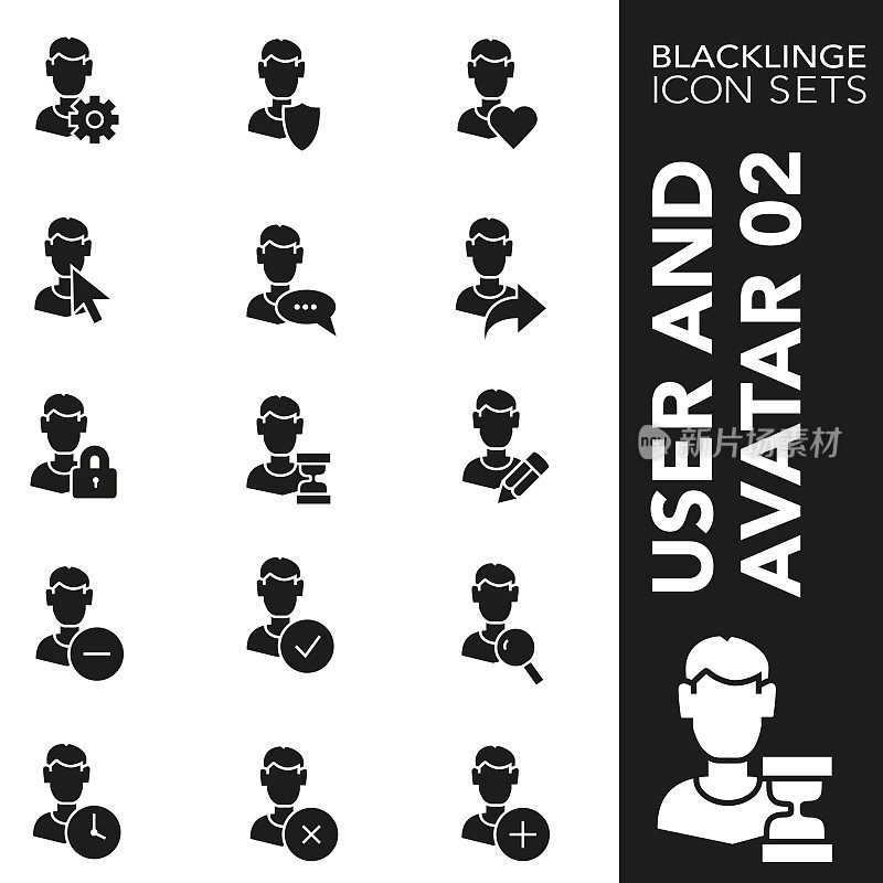 Black and White icon set of user and avatar 02